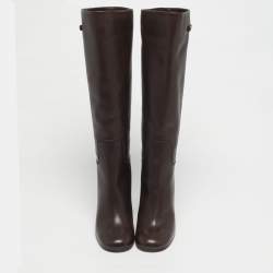 Pre Owned Salvatore Ferragamo Brown Leather Ovidio Knee Length Boots Size 40.5