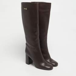 Pre Owned Salvatore Ferragamo Brown Leather Ovidio Knee Length Boots Size 40.5