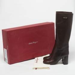 Pre Owned Salvatore Ferragamo Brown Leather Ovidio Knee Length Boots Size 40.5