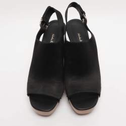 Pre Owned Salvatore Ferragamo Black Satin Wedge Slingback Sandals Size 40.5