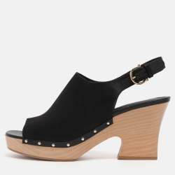 Pre Owned Salvatore Ferragamo Black Satin Wedge Slingback Sandals Size 40.5