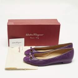 Pre Owned Salvatore Ferragamo Purple Quilted Patent and Leather Bow Ballet Flats Size 40.5