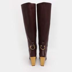 Pre Owned Salvatore Ferragamo Burgundy Leather Blavy Knee Length Boots Size 38.5