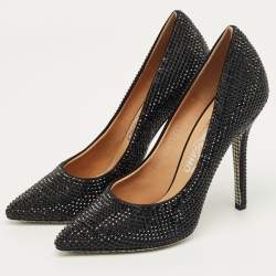 Pre Owned Salvatore Ferragamo Black Satin Crystal Embellished Pointed Toe Pumps Size 37.5