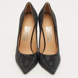 Pre Owned Salvatore Ferragamo Black Satin Crystal Embellished Pointed Toe Pumps Size 37.5