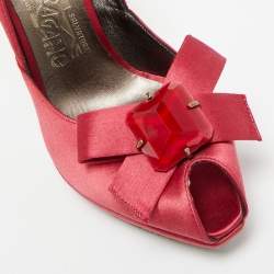 Pre Owned Salvatore Ferragamo Burgundy Satin Crystal Embellished Peep Toe Pumps Size 37