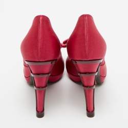 Pre Owned Salvatore Ferragamo Burgundy Satin Crystal Embellished Peep Toe Pumps Size 37