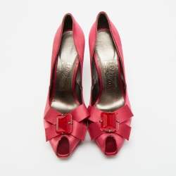 Pre Owned Salvatore Ferragamo Burgundy Satin Crystal Embellished Peep Toe Pumps Size 37