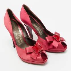 Pre Owned Salvatore Ferragamo Burgundy Satin Crystal Embellished Peep Toe Pumps Size 37