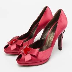 Pre Owned Salvatore Ferragamo Burgundy Satin Crystal Embellished Peep Toe Pumps Size 37