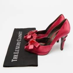 Pre Owned Salvatore Ferragamo Burgundy Satin Crystal Embellished Peep Toe Pumps Size 37