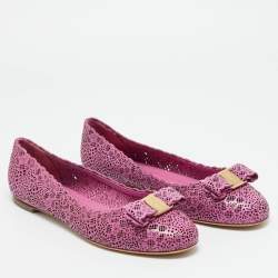 Pre Owned Salvatore Ferragamo Vara Size 40.5 Purple Leather Ballet Flats