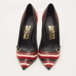 Pre Owned Salvatore Ferragamo Farida Size 38.5 Multicolor Lizard Embossed Leather and Suede Pumps