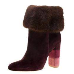 Pre Owned Salvatore Ferragamo Burgundy Suede Loris Fur Trim Ankle Boots Size 38.5