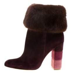 Pre Owned Salvatore Ferragamo Burgundy Suede Loris Fur Trim Ankle Boots Size 38.5