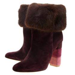 Pre Owned Salvatore Ferragamo Burgundy Suede Loris Fur Trim Ankle Boots Size 38.5