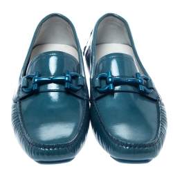 Pre Owned Salvatore Ferragamo Blue Coated Leather Gancio Driver Loafers Size 37.5 