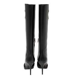 Pre Owned Salvatore Ferragamo Black Cutout Leather Eyelet Knee Boots Size 38.5