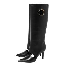 Pre Owned Salvatore Ferragamo Black Cutout Leather Eyelet Knee Boots Size 38.5