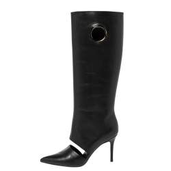 Pre Owned Salvatore Ferragamo Black Cutout Leather Eyelet Knee Boots Size 38.5