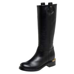Pre Owned Salvatore Ferragamo Black Leather Liam Knee Length Boots Size 36.5