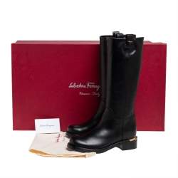 Pre Owned Salvatore Ferragamo Black Leather Liam Knee Length Boots Size 36.5