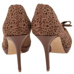 Salvatore Ferragamo Brown Lace Bonita Platform Peep Toe Pumps Size 38