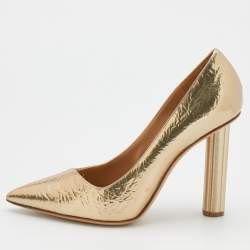 Pre Owned Salvatore Ferragamo Metallic Gold Textured Leather Pointed Toe Pumps Size 39.5