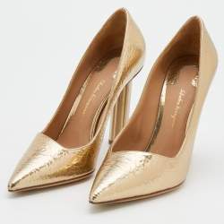 Pre Owned Salvatore Ferragamo Metallic Gold Textured Leather Pointed Toe Pumps Size 39.5