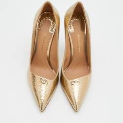 Pre Owned Salvatore Ferragamo Metallic Gold Textured Leather Pointed Toe Pumps Size 39.5