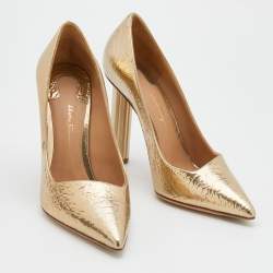 Pre Owned Salvatore Ferragamo Metallic Gold Textured Leather Pointed Toe Pumps Size 39.5