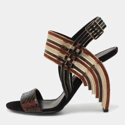 Pre Owned Salvatore Ferragamo Multicolor Striped Python and Suede Lenny Geometric Sandals Size 38.5