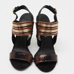 Pre Owned Salvatore Ferragamo Multicolor Striped Python and Suede Lenny Geometric Sandals Size 38.5