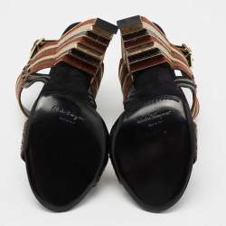 Pre Owned Salvatore Ferragamo Multicolor Striped Python and Suede Lenny Geometric Sandals Size 38.5