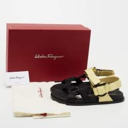 Pre Owned Salvatore Ferragamo Black/Yellow Leather and Fabric Sandals Size 37.5