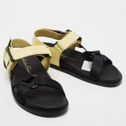 Pre Owned Salvatore Ferragamo Black/Yellow Leather and Fabric Sandals Size 37.5