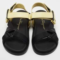 Pre Owned Salvatore Ferragamo Black/Yellow Leather and Fabric Sandals Size 37.5
