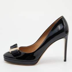 Pre Owned Salvatore Ferragamo Black Patent Leather Vara Bow Platform Pumps Size 39