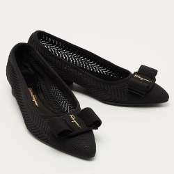 Pre Owned Salvatore Ferragamo Black Knit Fabric Viva Bow Ballet Flats Size 38.5