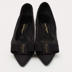 Pre Owned Salvatore Ferragamo Black Knit Fabric Viva Bow Ballet Flats Size 38.5