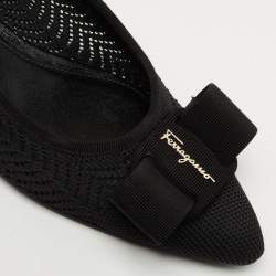 Pre Owned Salvatore Ferragamo Black Knit Fabric Viva Bow Ballet Flats Size 38.5