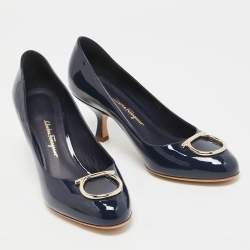 Salvatore Ferragamo Navy Blue Patent Leather Serina Pumps Size 38