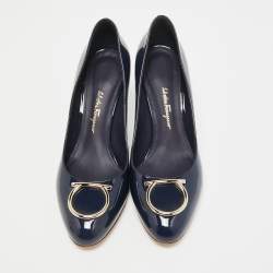 Salvatore Ferragamo Navy Blue Patent Leather Serina Pumps Size 38