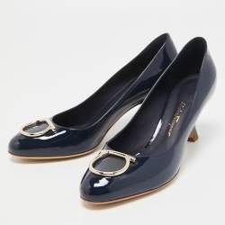 Salvatore Ferragamo Navy Blue Patent Leather Serina Pumps Size 38