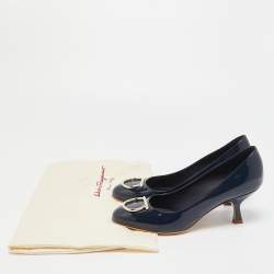 Salvatore Ferragamo Navy Blue Patent Leather Serina Pumps Size 38