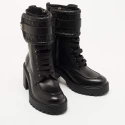 Pre Owned بوت سالفاتوري فيراغامو لابو تال كومبات جلد أسود وحواف فرو مقاس 40