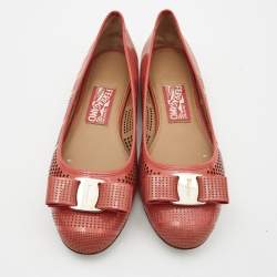 Pre Owned Salvatore Ferragamo Orange Patent Leather  Vara Bow Ballet Flats Size 39.5