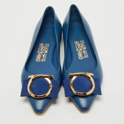 Pre Owned Salvatore Ferragamo Blue Leather Gancini Ballet  Flats Size 37.5