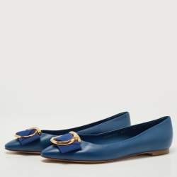 Pre Owned Salvatore Ferragamo Blue Leather Gancini Ballet  Flats Size 37.5