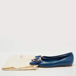 Pre Owned Salvatore Ferragamo Blue Leather Gancini Ballet  Flats Size 37.5